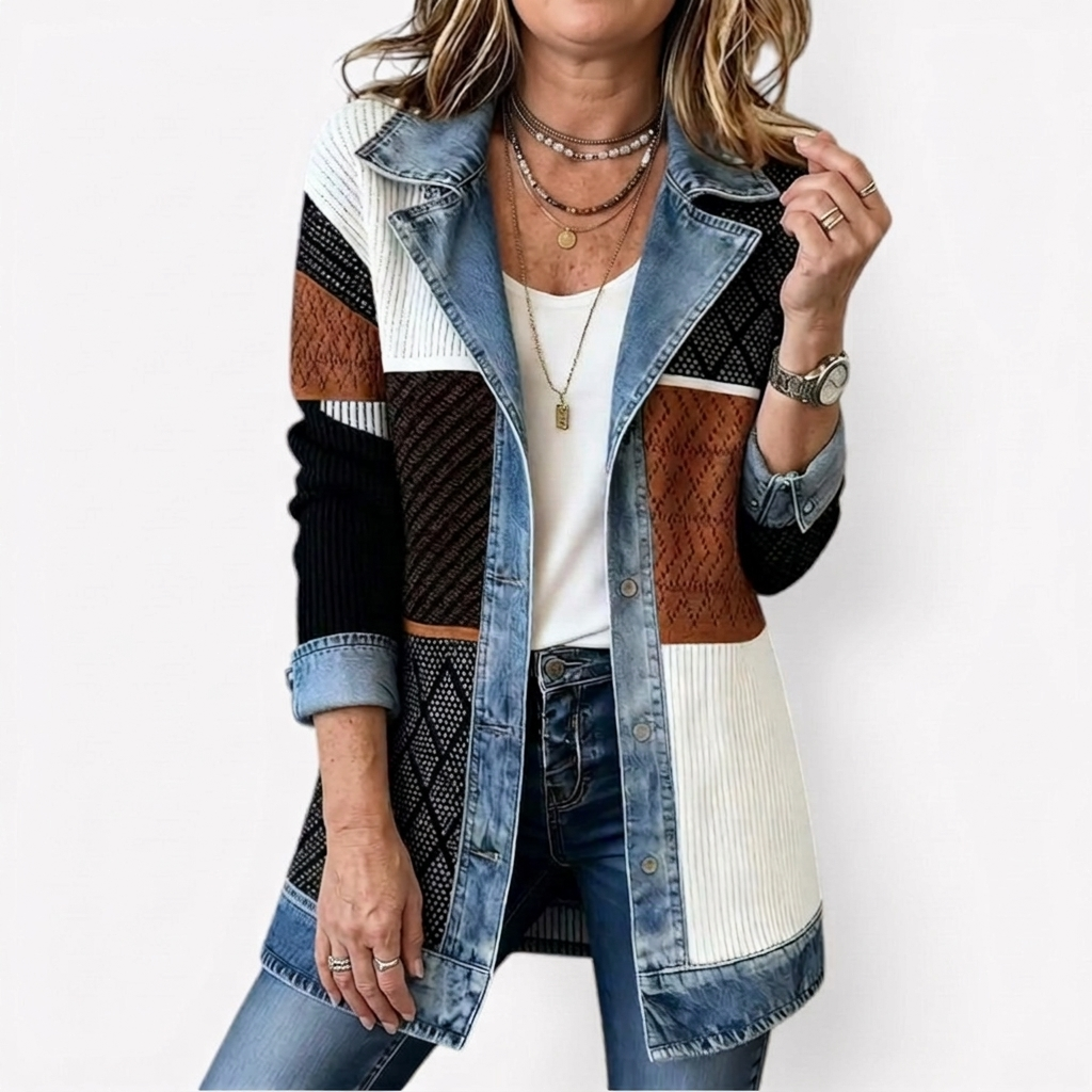 Women's longline jacket with ribbed body and contrasting blue trim