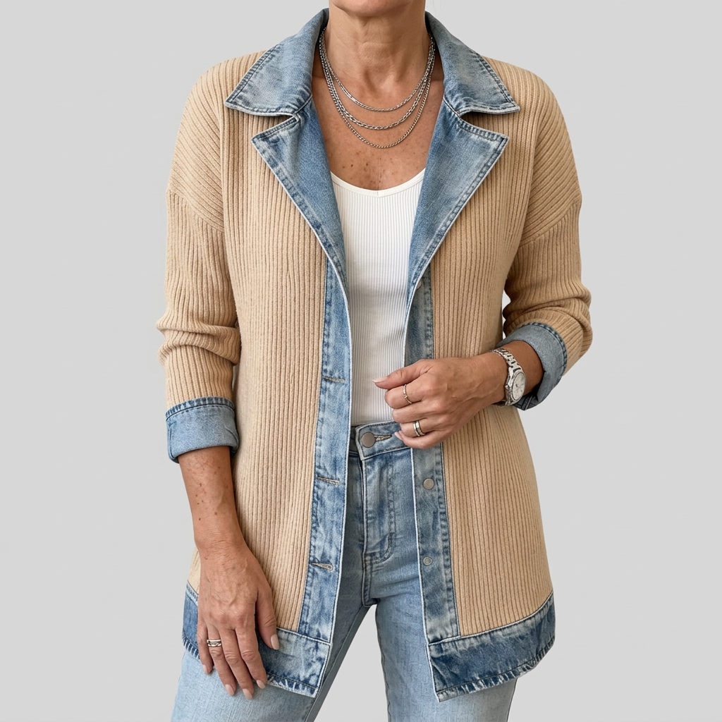 Women's longline jacket with ribbed body and contrasting blue trim
