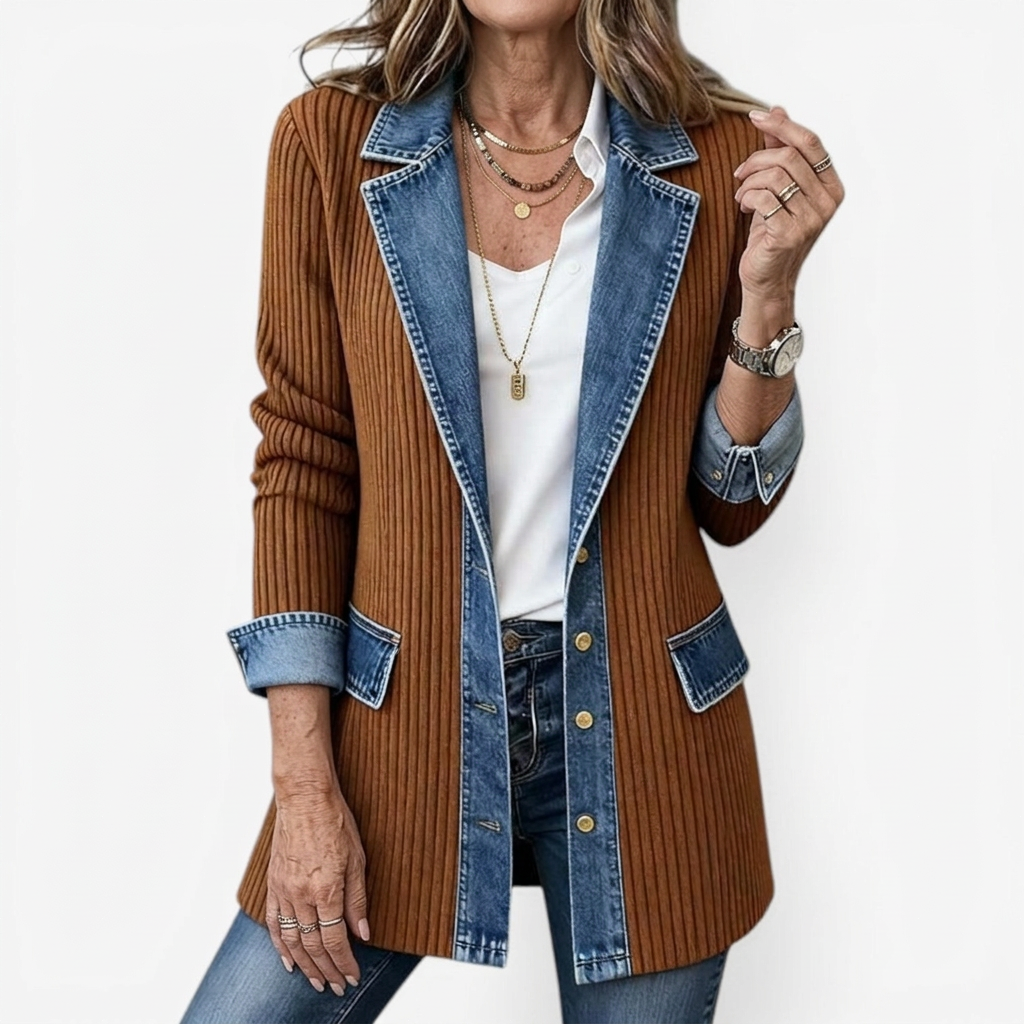 Women's longline jacket with ribbed body and contrasting blue trim