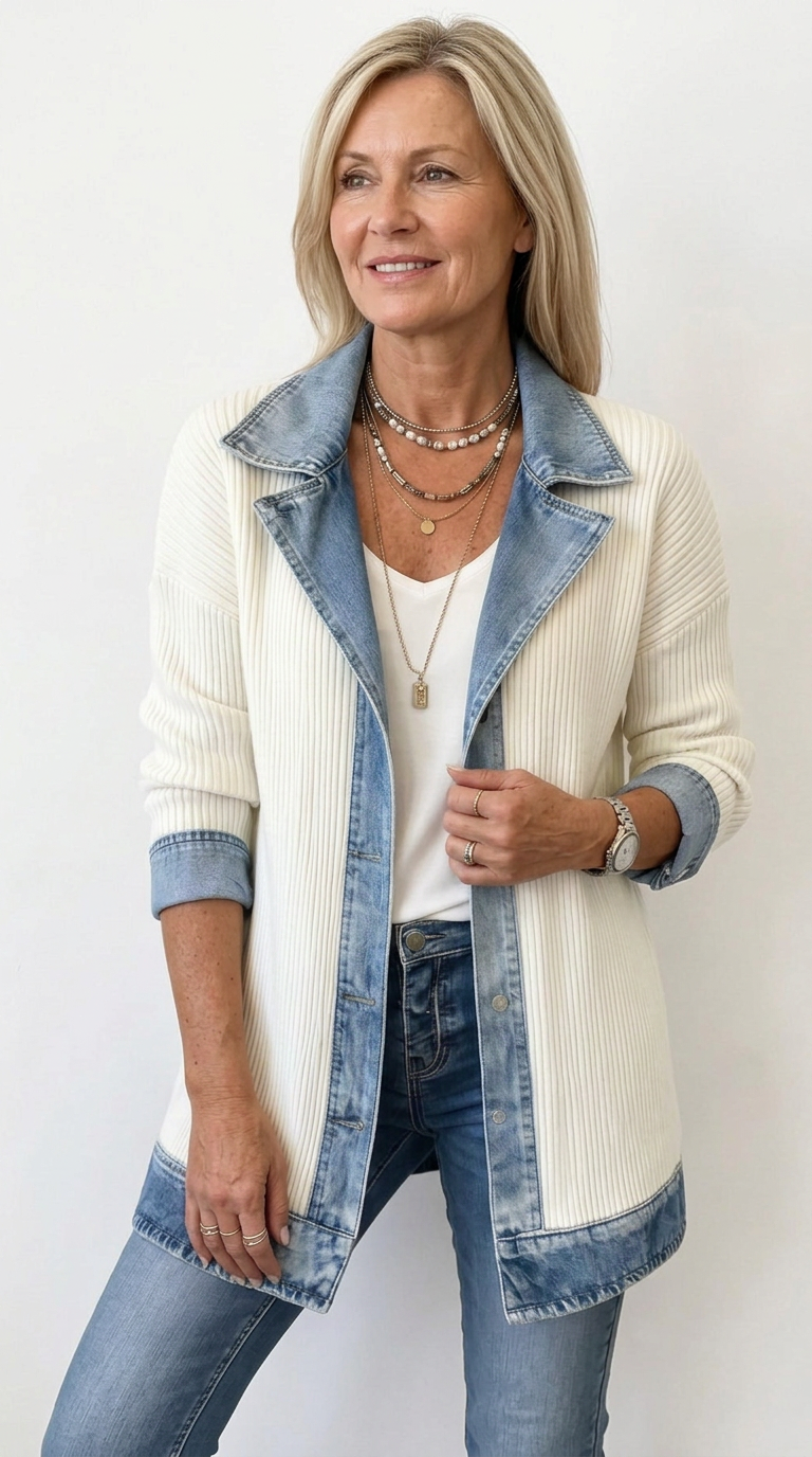 Women's longline jacket with ribbed body and contrasting blue trim