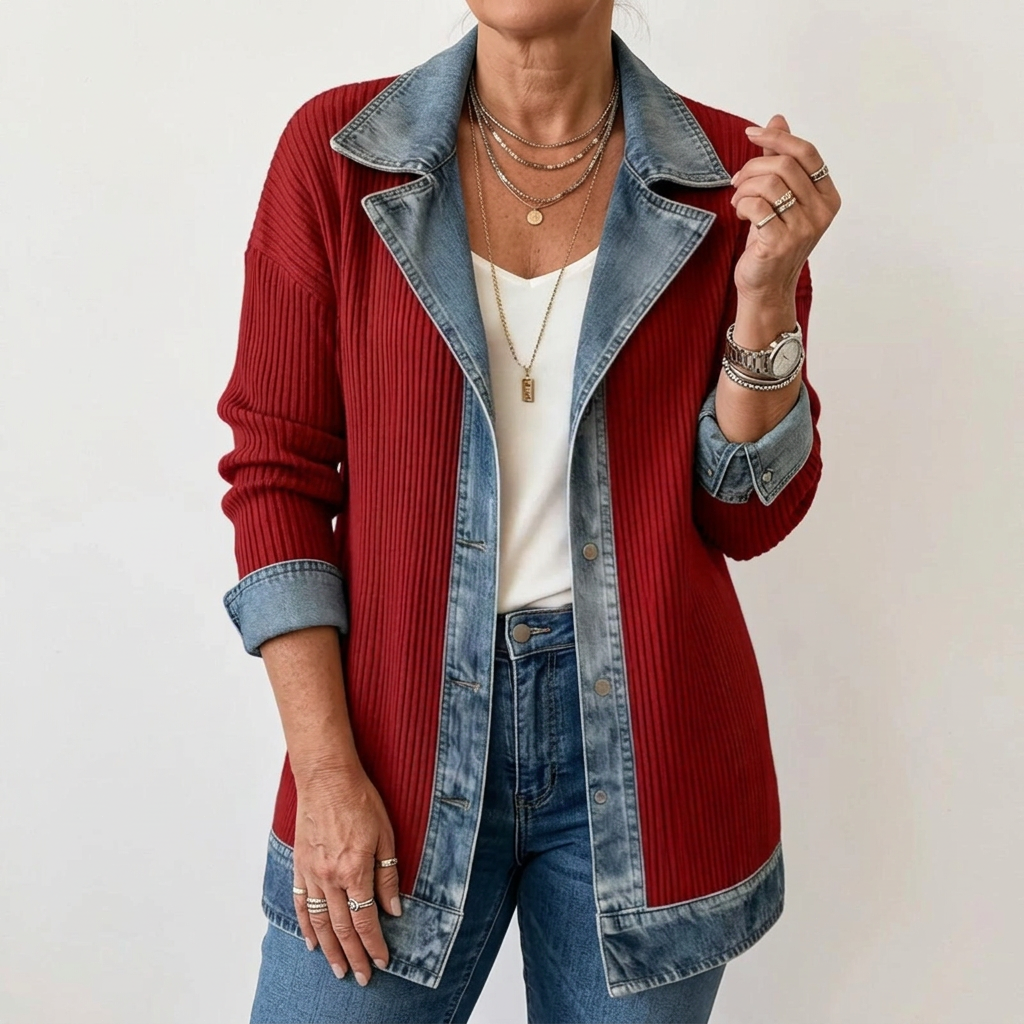 Women's longline jacket with ribbed body and contrasting blue trim