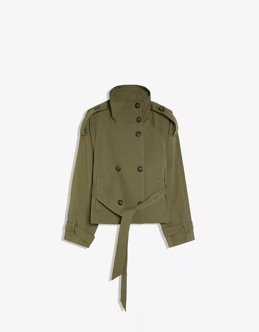 Women's cropped belted trench coat with high collar and long sleeves