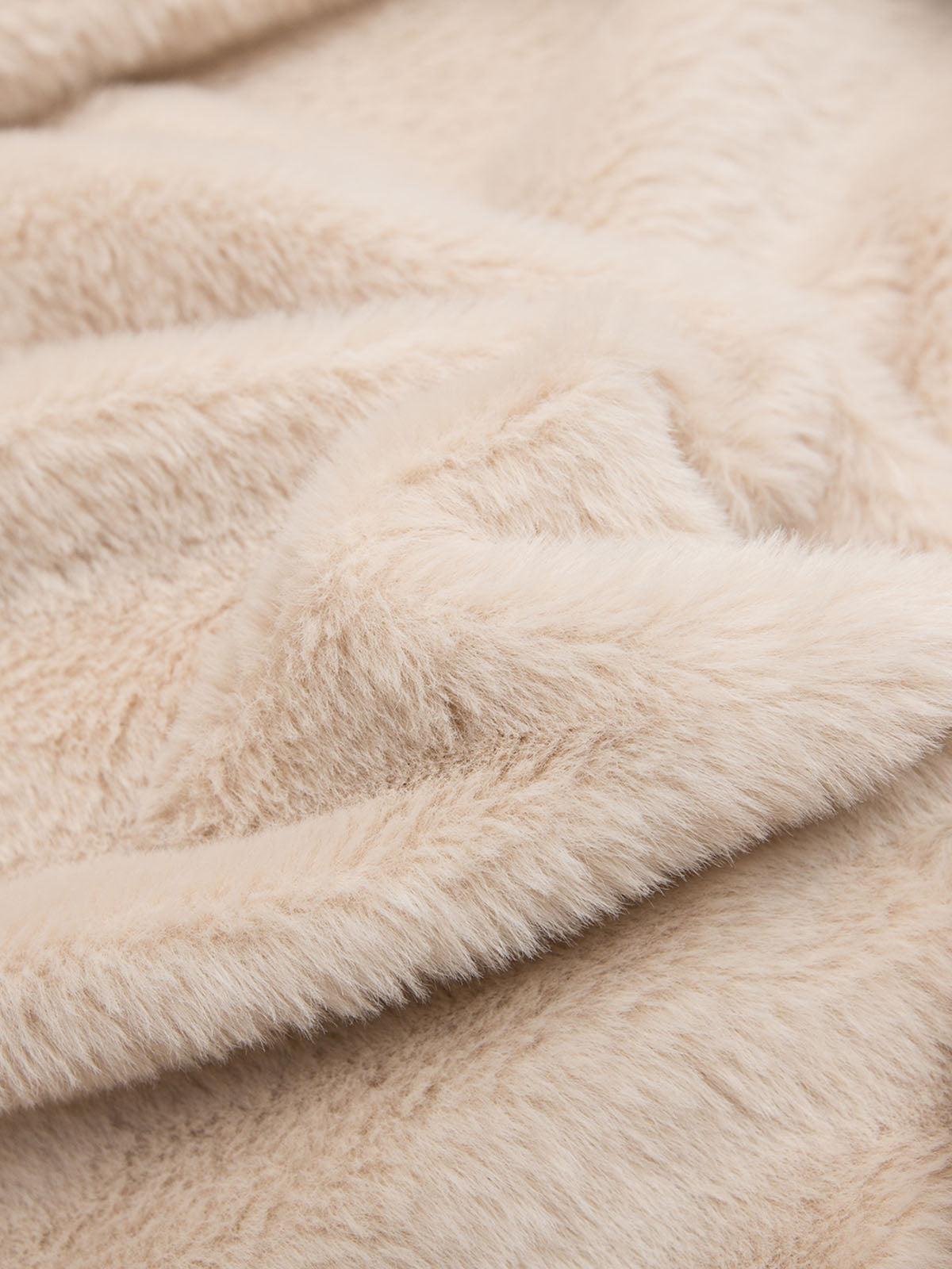 Brown women's hooded bomber jacket with fur-like trim, zip front and snap pockets