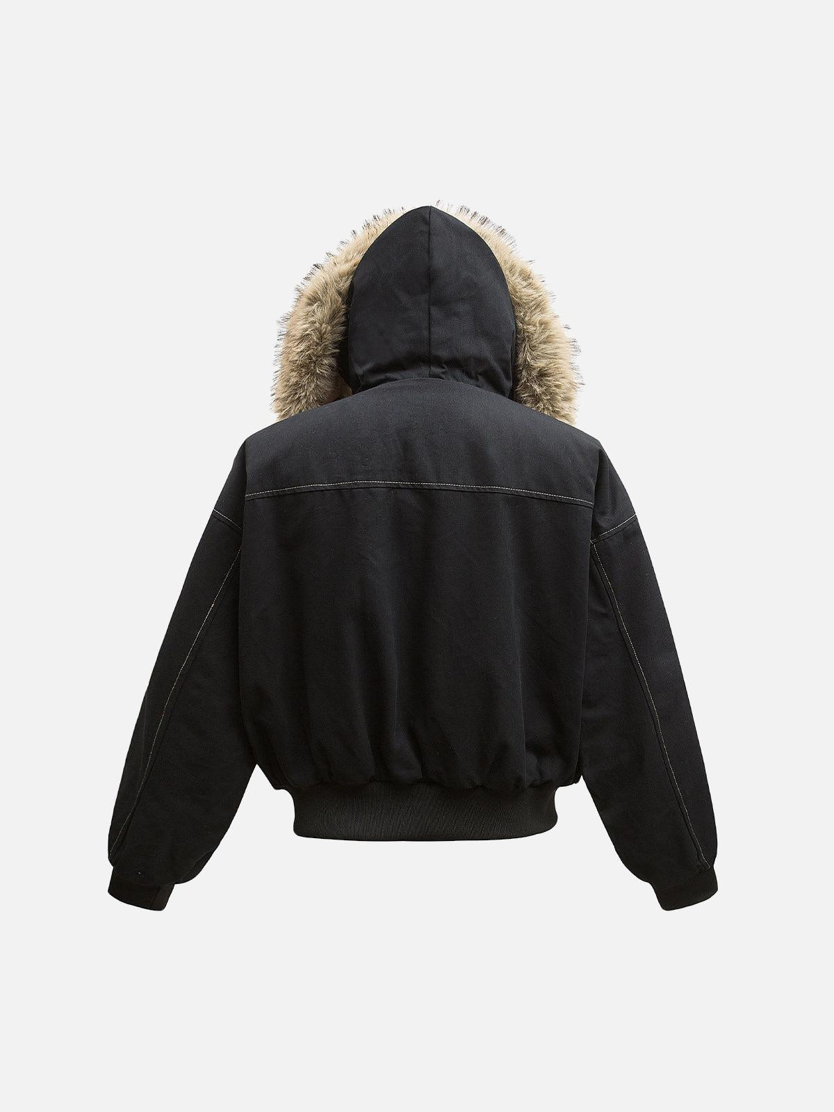 Brown women's hooded bomber jacket with fur-like trim, zip front and snap pockets