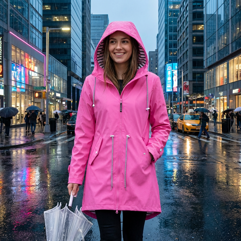 Women's long hooded rain jacket with striped lining, front zip and zipped pockets