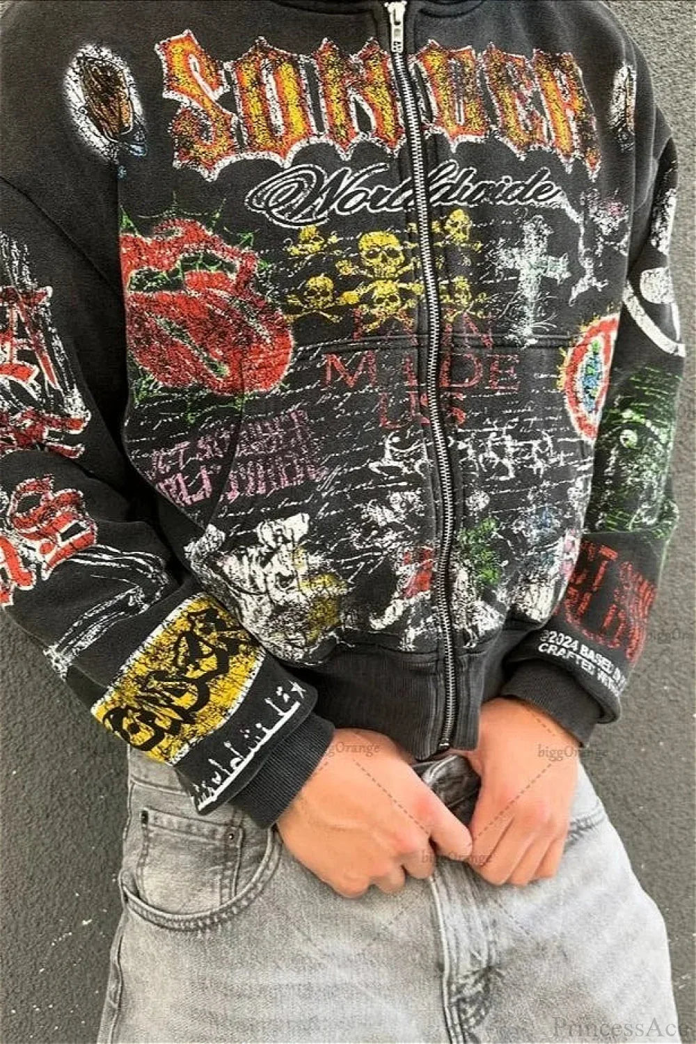 Graphic zip-up hoodie with hood, long sleeves and illustrated lettering panels