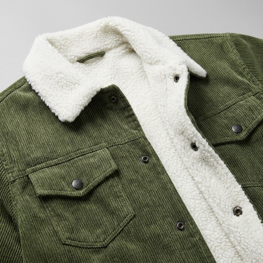 Men's corduroy jacket with contrasting sherpa-style collar, button front and multiple pockets