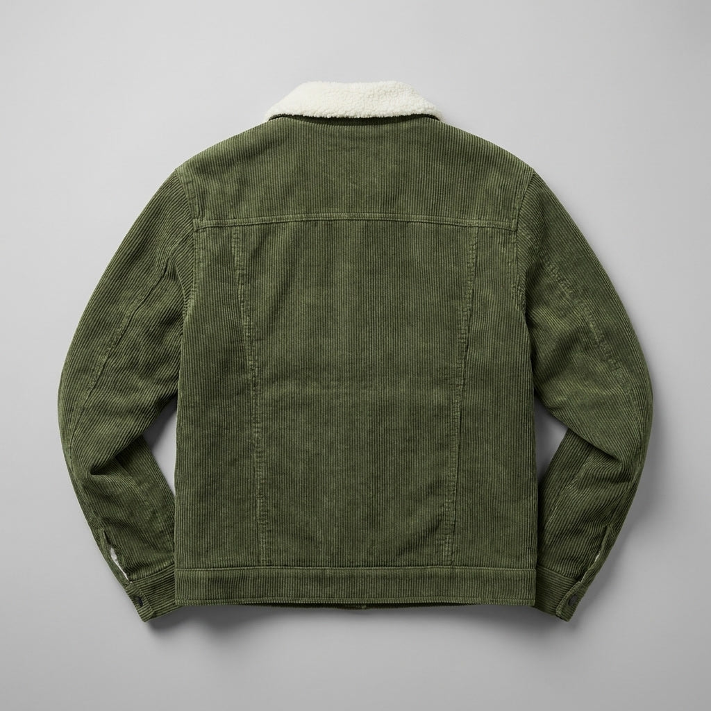 Men's corduroy jacket with contrasting sherpa-style collar, button front and multiple pockets