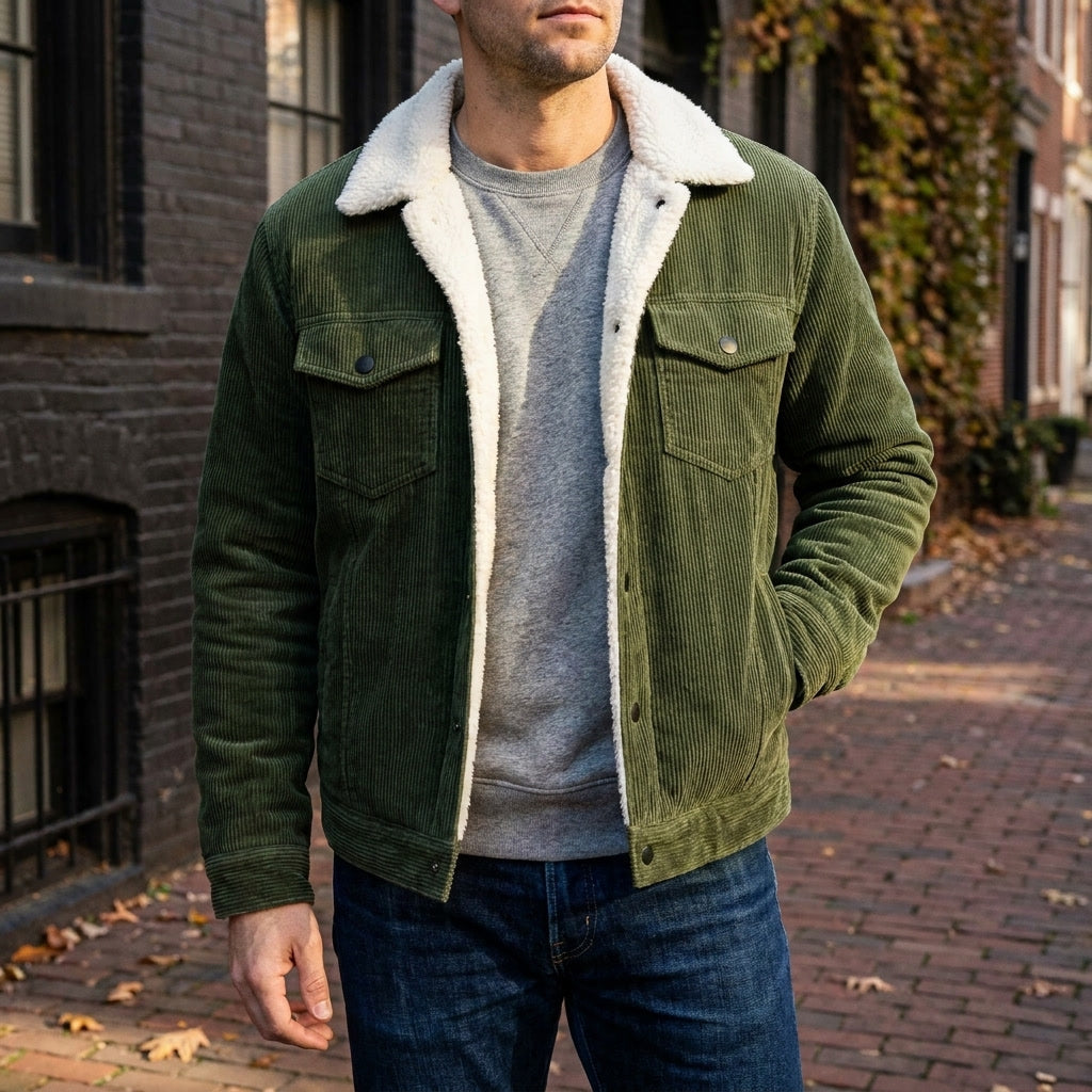 Men's corduroy jacket with contrasting sherpa-style collar, button front and multiple pockets