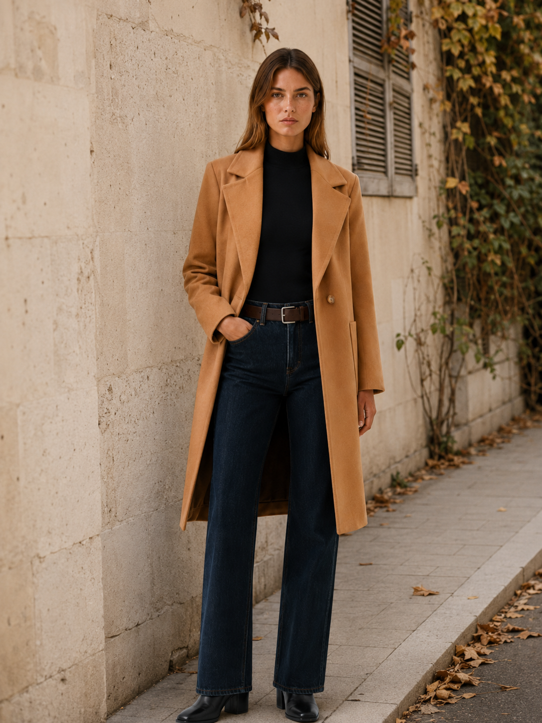 Women's long button-front coat with notched lapels and slanted pockets