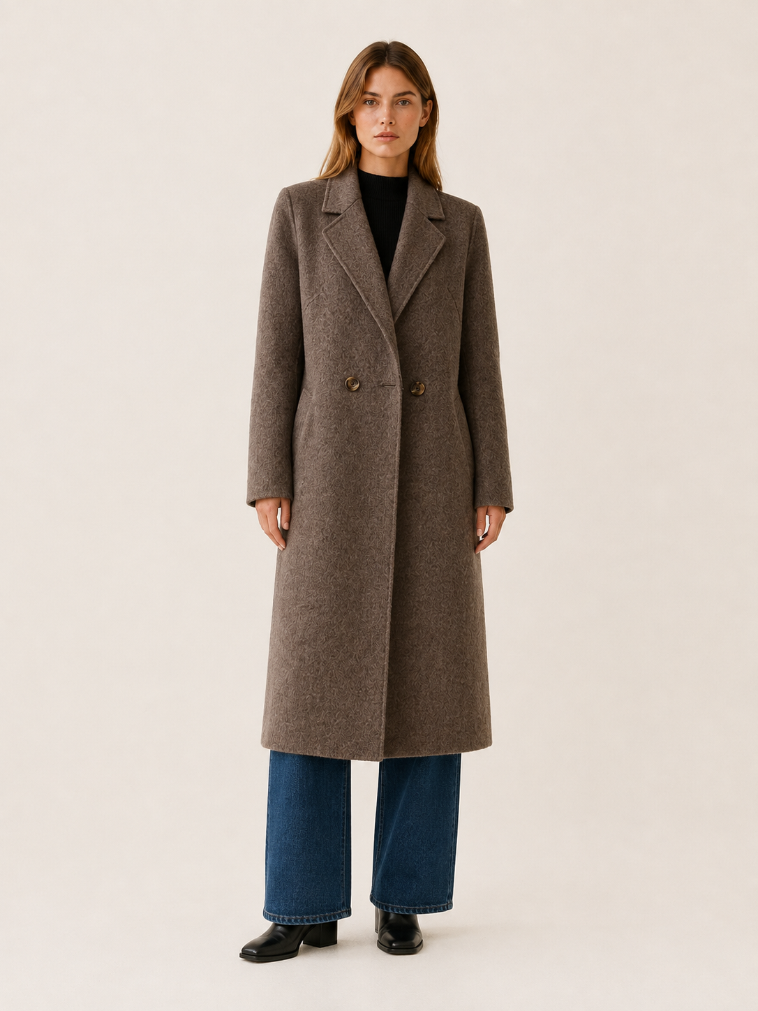 Women's long button-front coat with notched lapels and slanted pockets