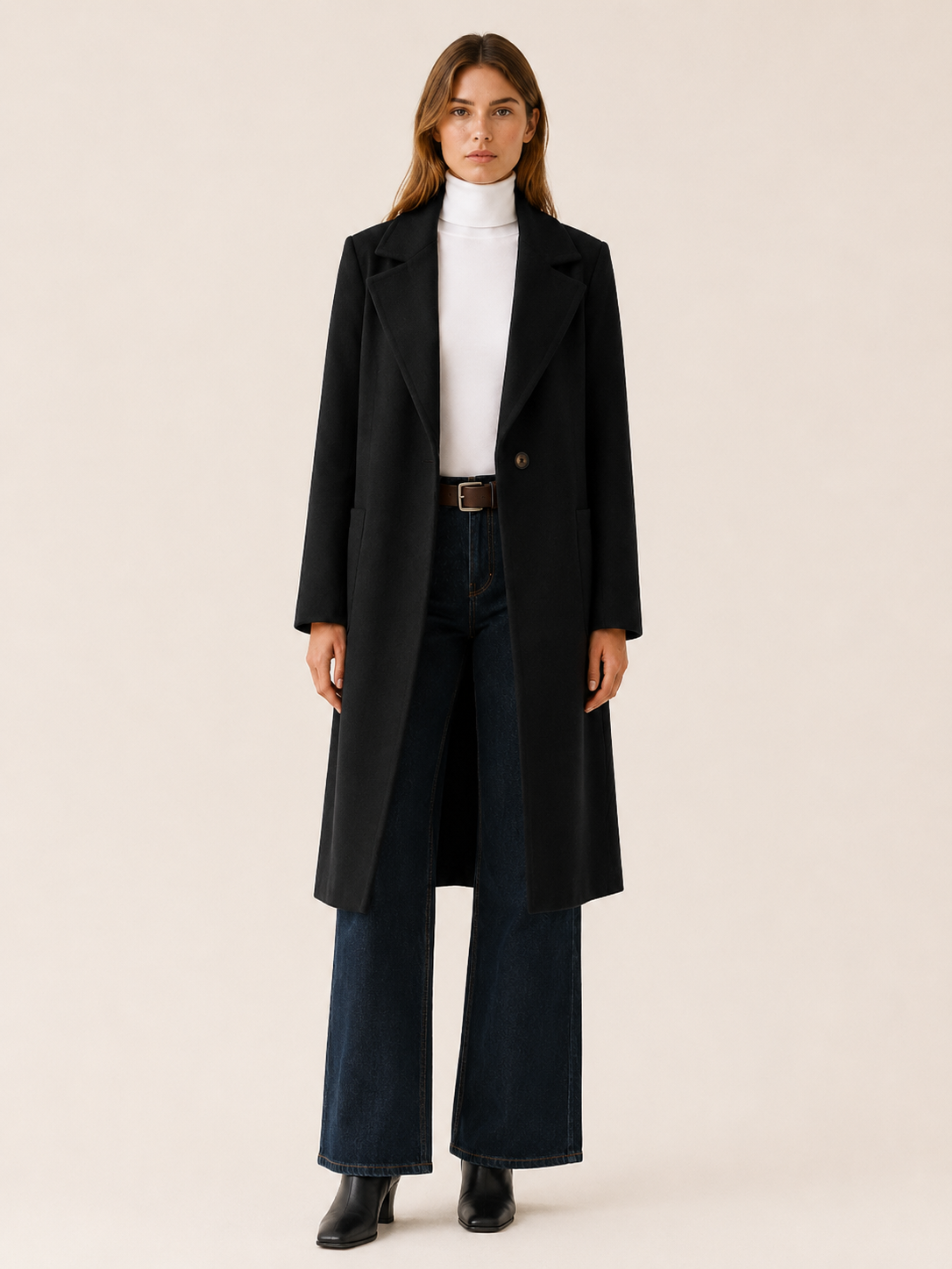 Women's long button-front coat with notched lapels and slanted pockets