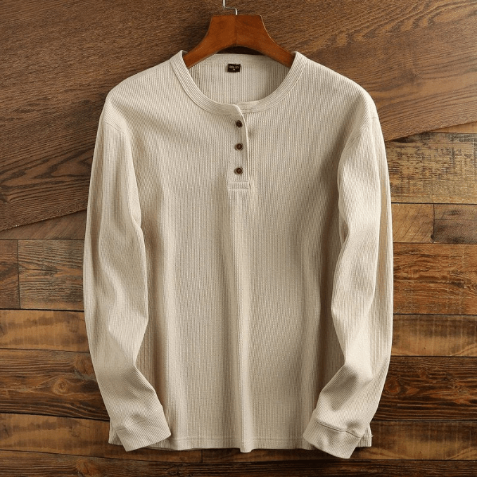 Men's Waffle Knit Henley Top Long Sleeve - Cream