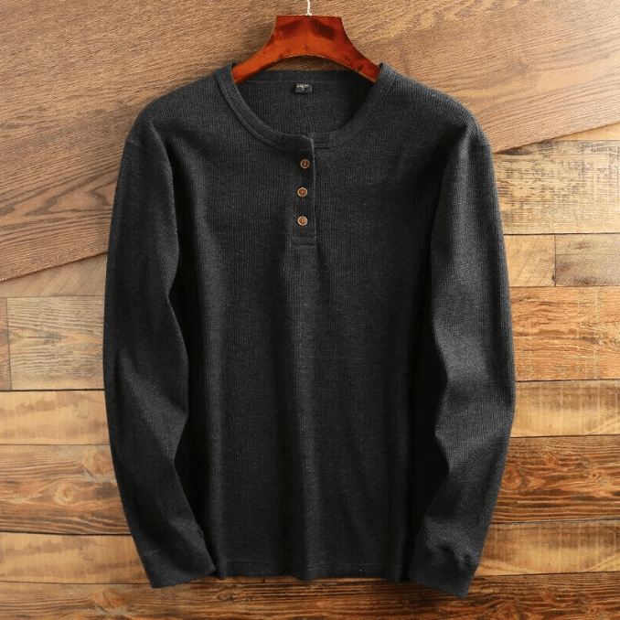 Men's Henley Shirt Waffle Knit Long Sleeve - Dark Grey