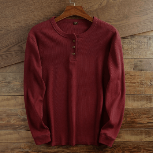 Men's Henley Shirt Waffle Knit Long Sleeve - Wine Red