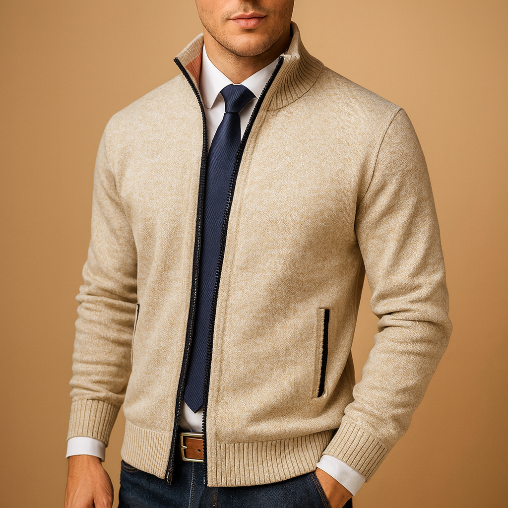 Men's Knit Jacket Full-Zip Ribbed Hem - Beige