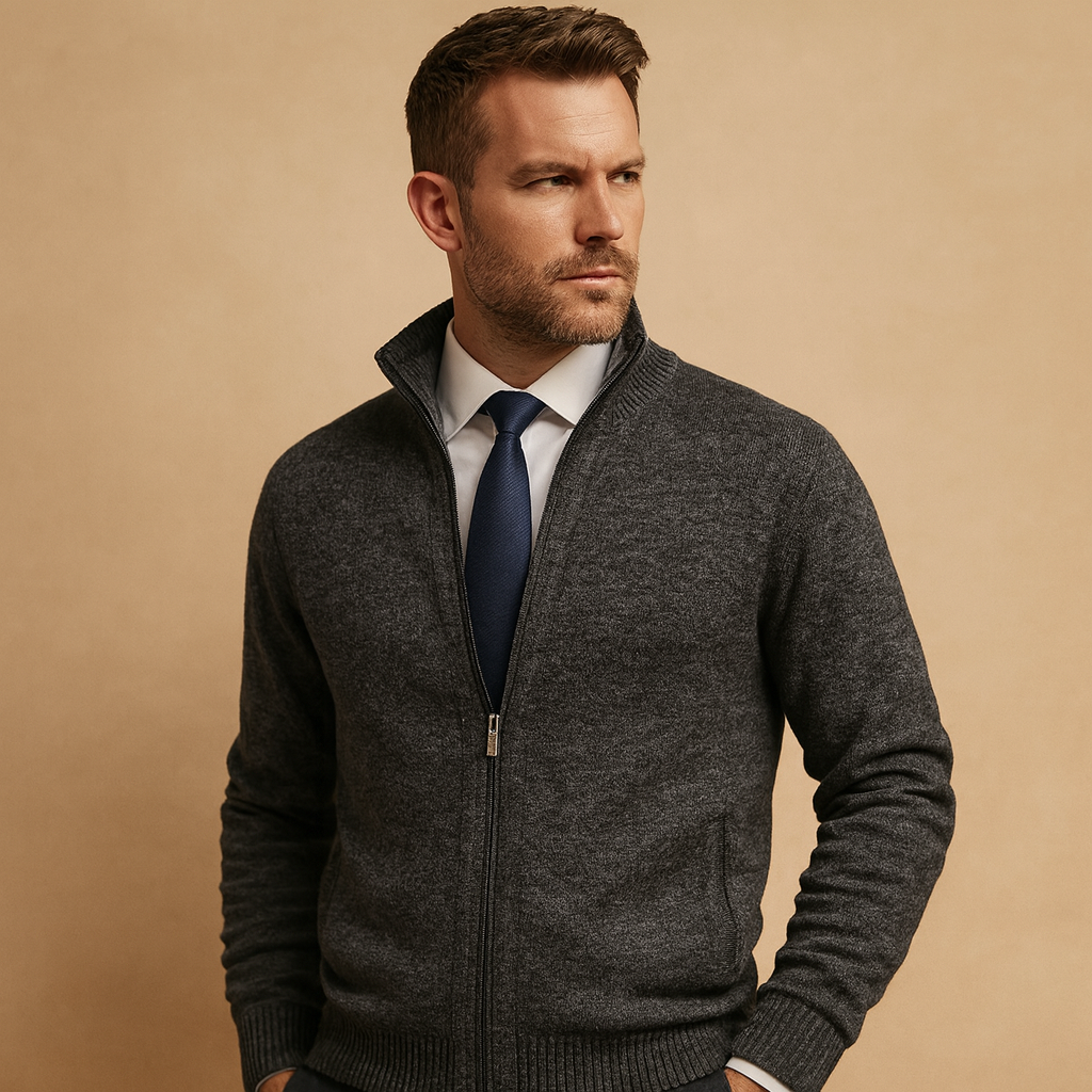 Men's Knit Jacket Full-Zip Ribbed Hem - Dark Grey