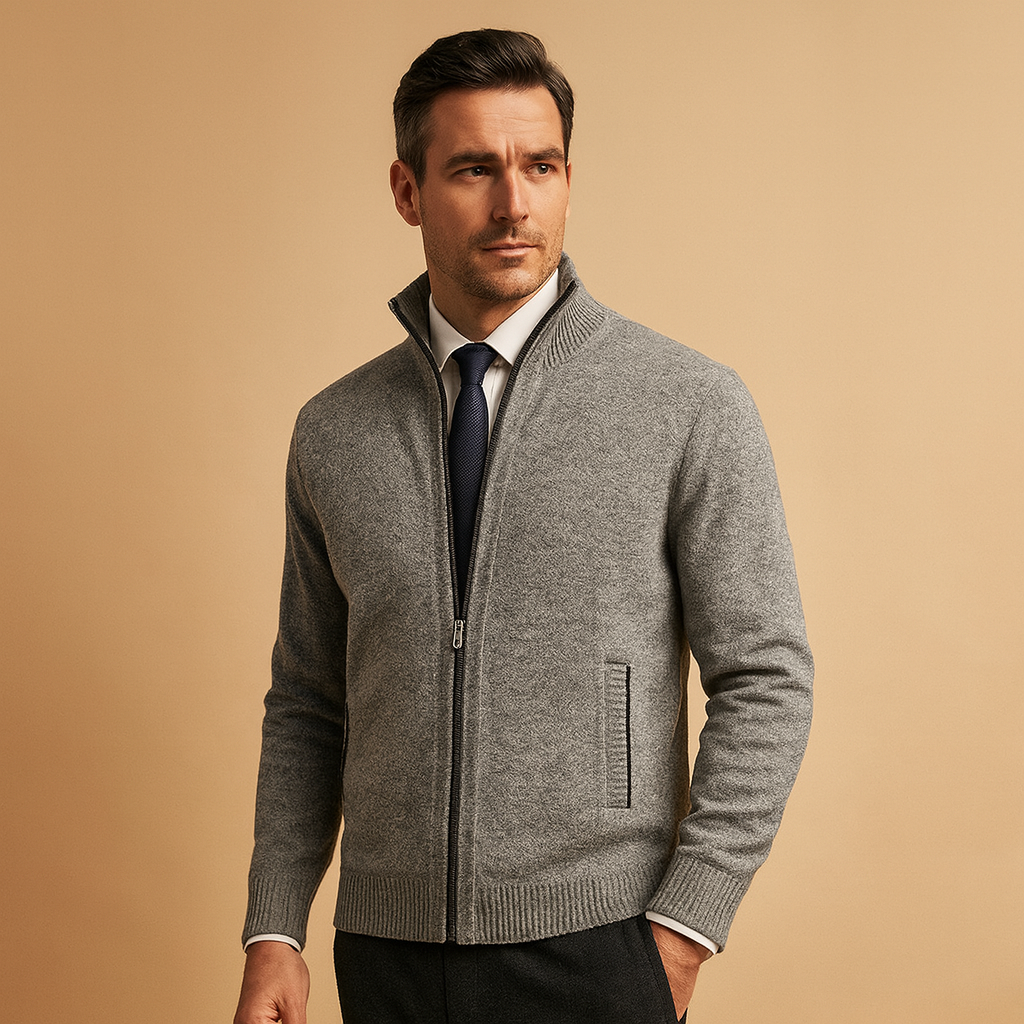 Men's Knit Jacket Full-Zip Ribbed Hem - Light Grey