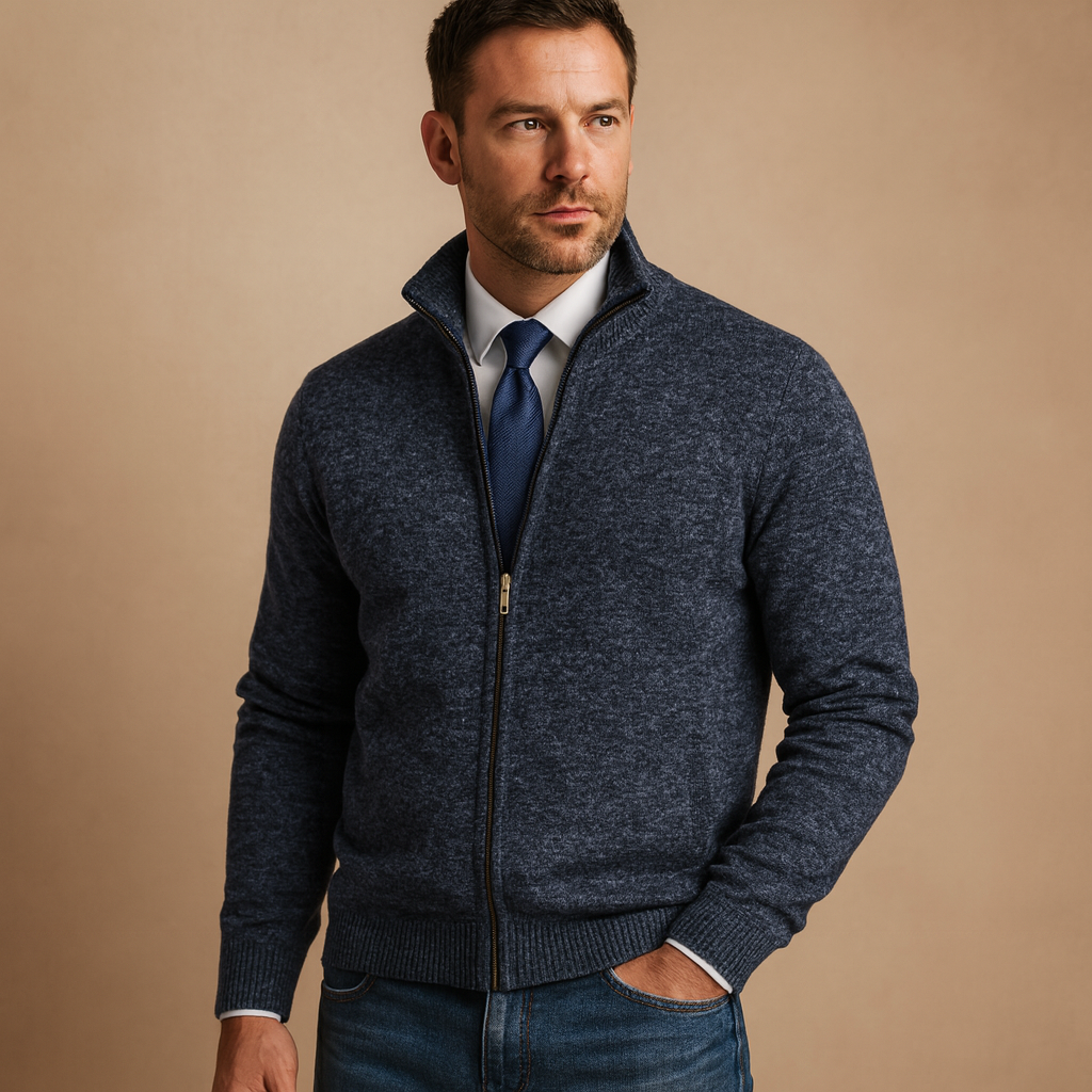 Men's Knit Jacket Full-Zip Ribbed Hem - Navy