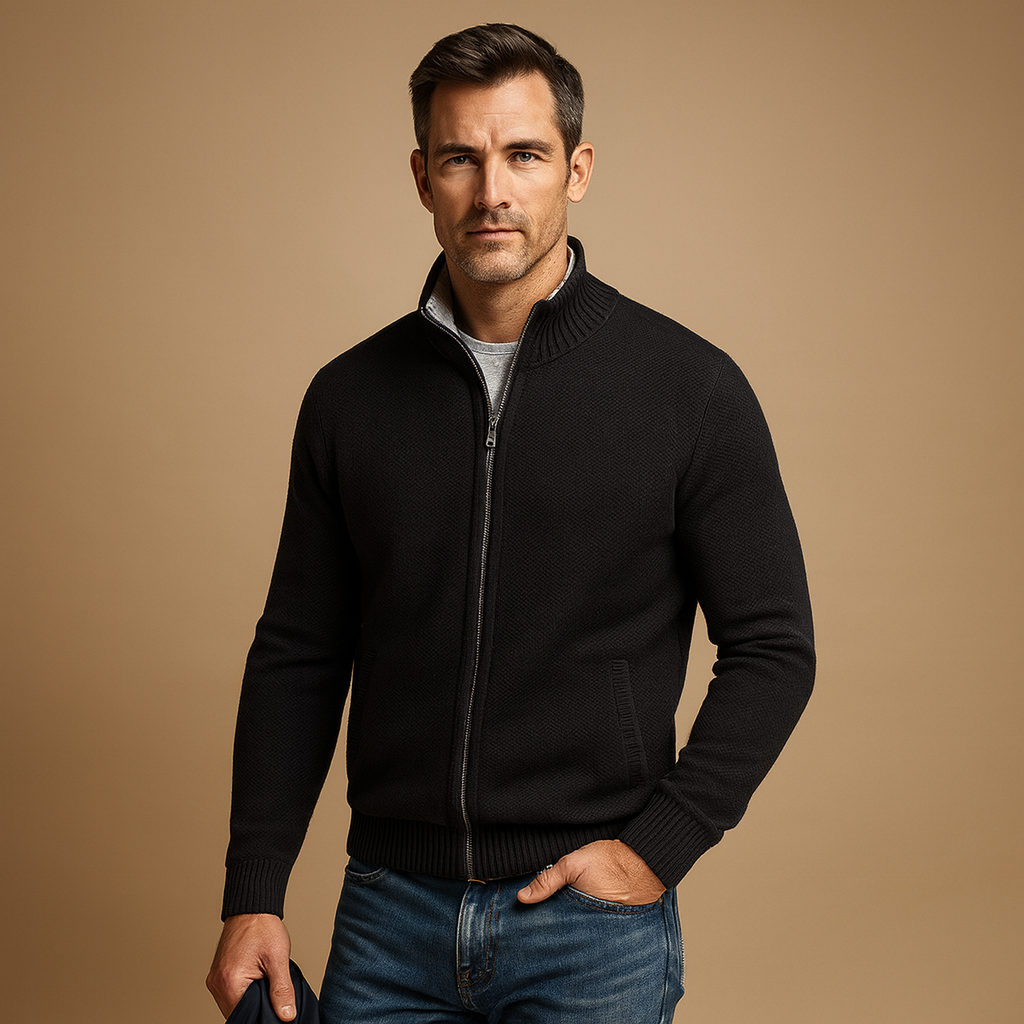 Men's Knit Jacket Full-Zip Ribbed Hem - Black