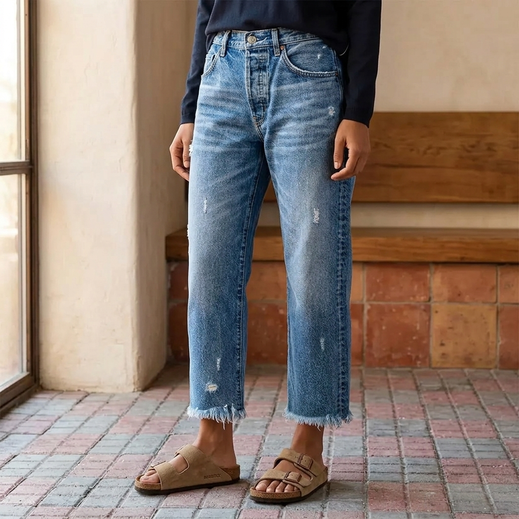 Women's cropped straight leg jeans with faded detailing and frayed hems