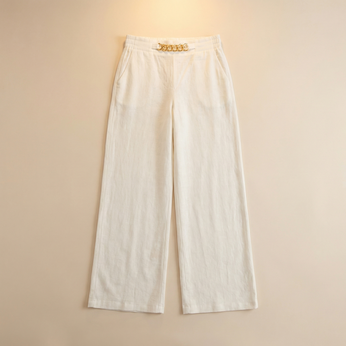 Women's wide leg trousers with high elasticated waist, side pockets and chain detail