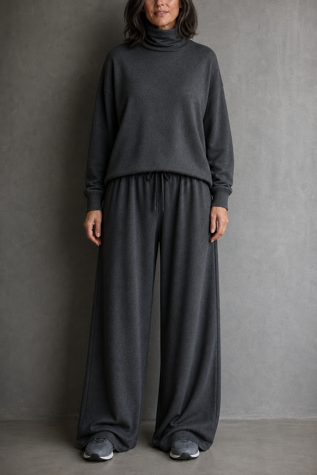Women's turtleneck top and wide-leg trousers set with drawstring waist