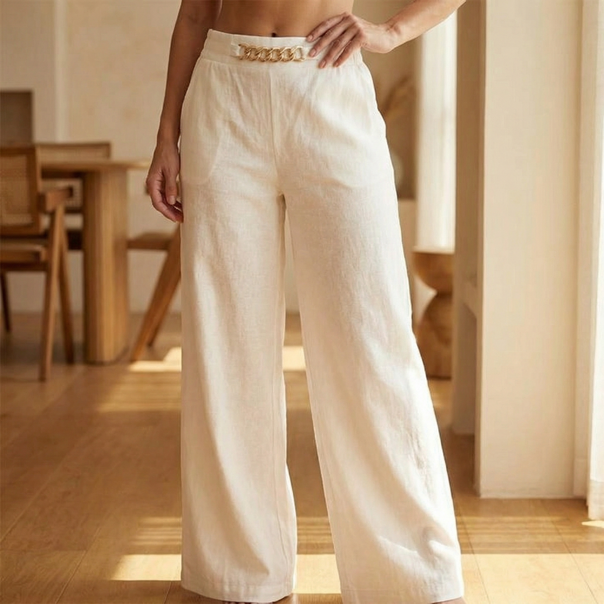 Women's wide leg trousers with high elasticated waist, side pockets and chain detail