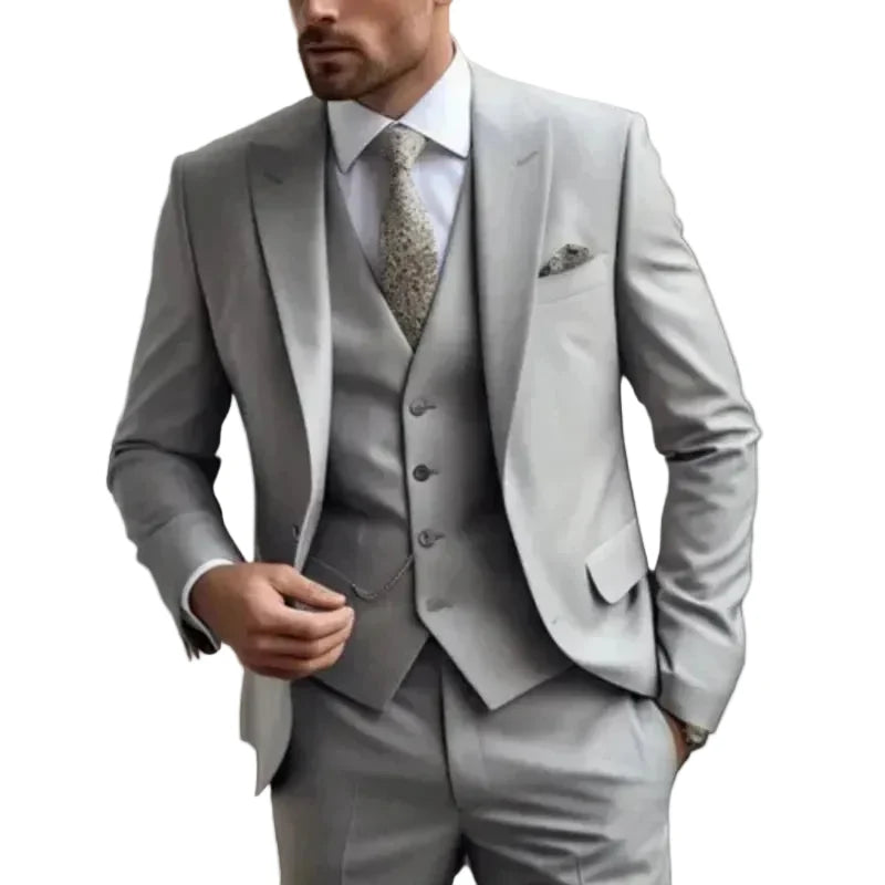 Men's three-piece suit with tailored jacket, waistcoat and trousers