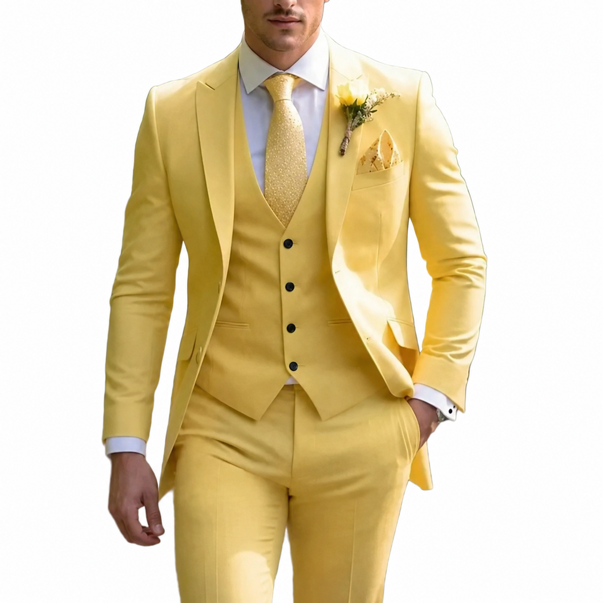 Men's three-piece suit with tailored jacket, waistcoat and trousers
