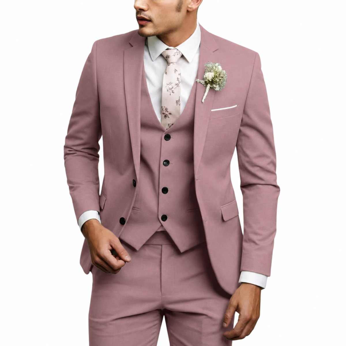 Men's three-piece suit with tailored jacket, waistcoat and trousers