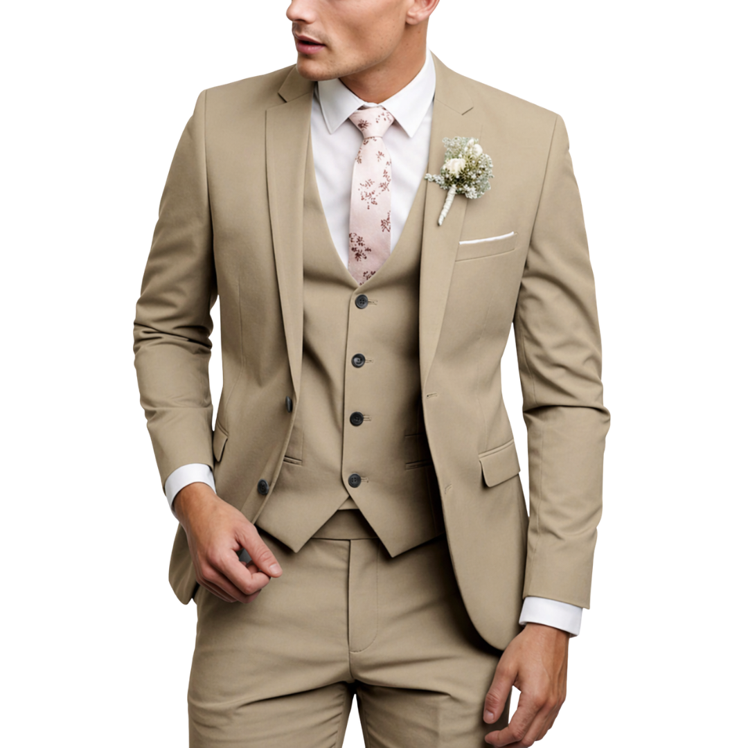 Men's three-piece suit with tailored jacket, waistcoat and trousers