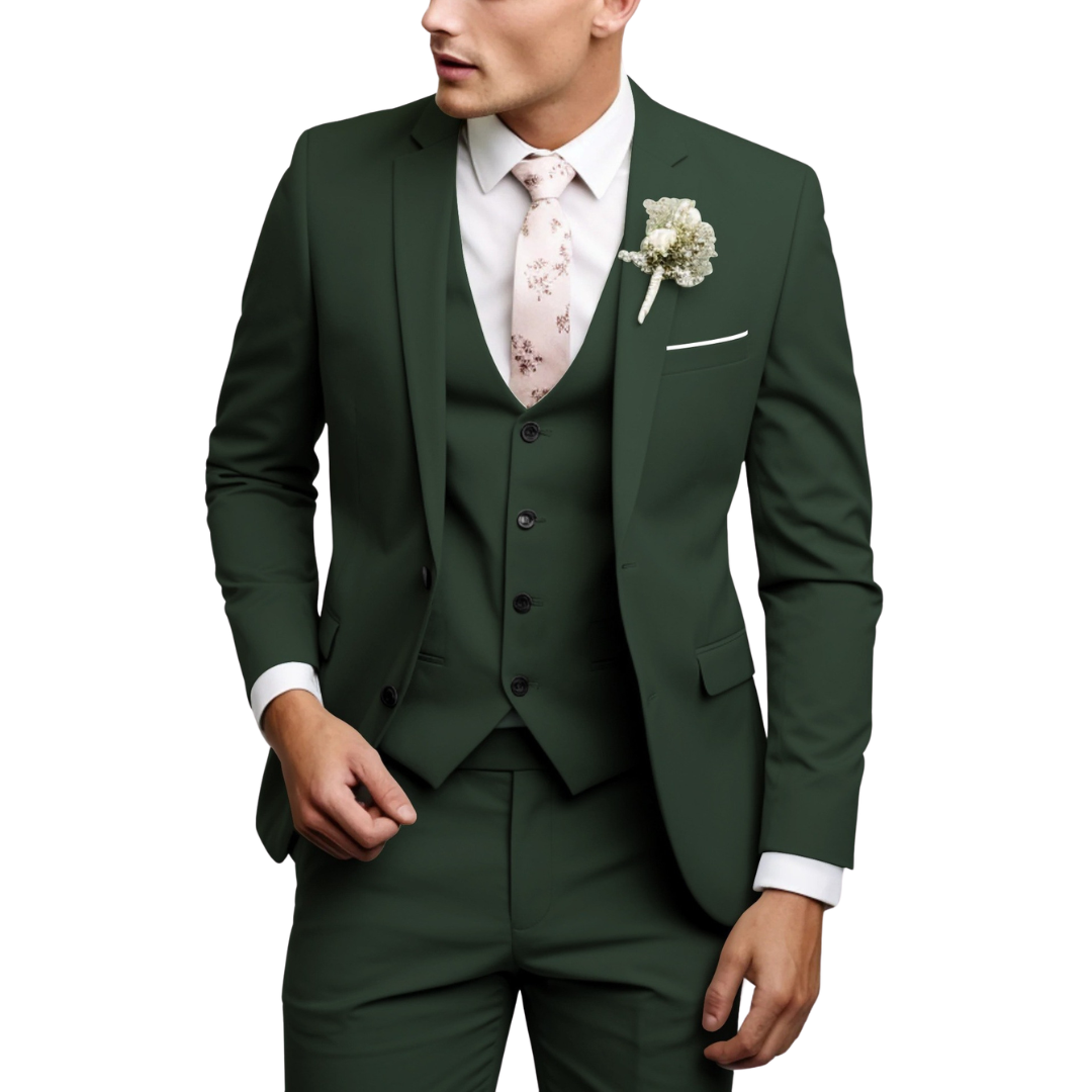 Men's three-piece suit with tailored jacket, waistcoat and trousers