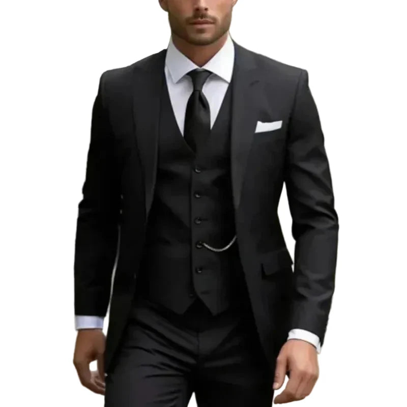 Men's three-piece suit with tailored jacket, waistcoat and trousers