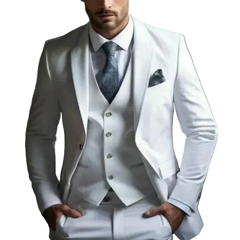 Men's three-piece suit with tailored jacket, waistcoat and trousers