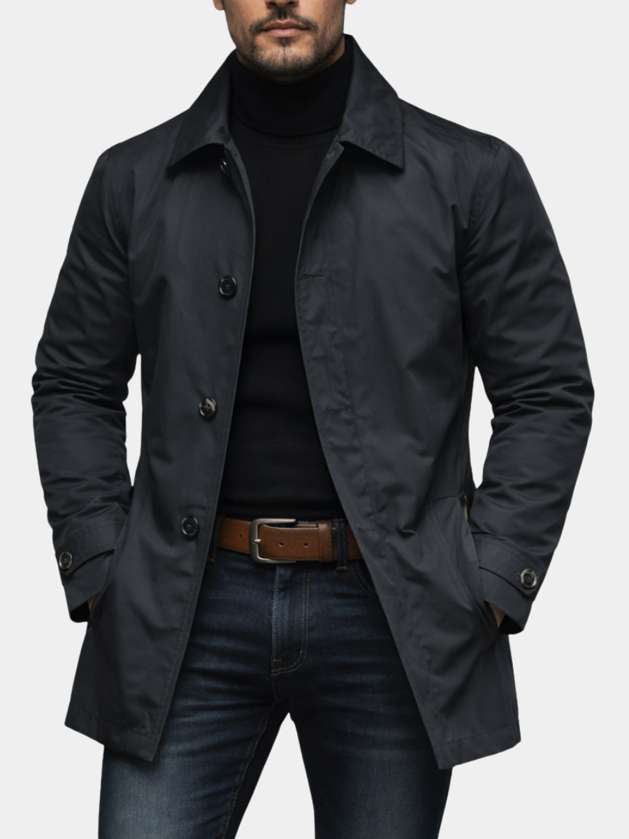 Men's single-breasted transition coat with pointed collar and button front