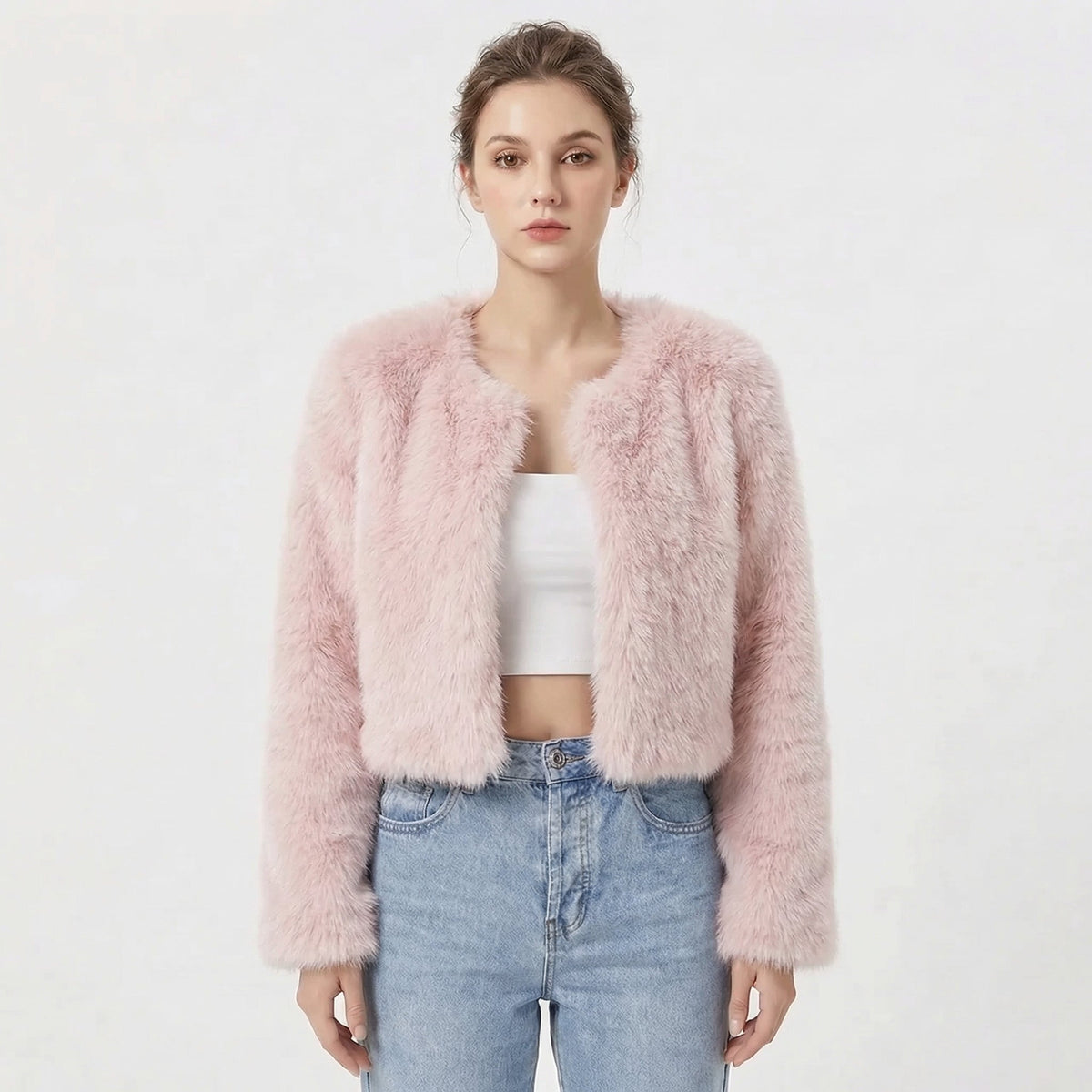 Women's cropped faux fur jacket with long sleeves and open front