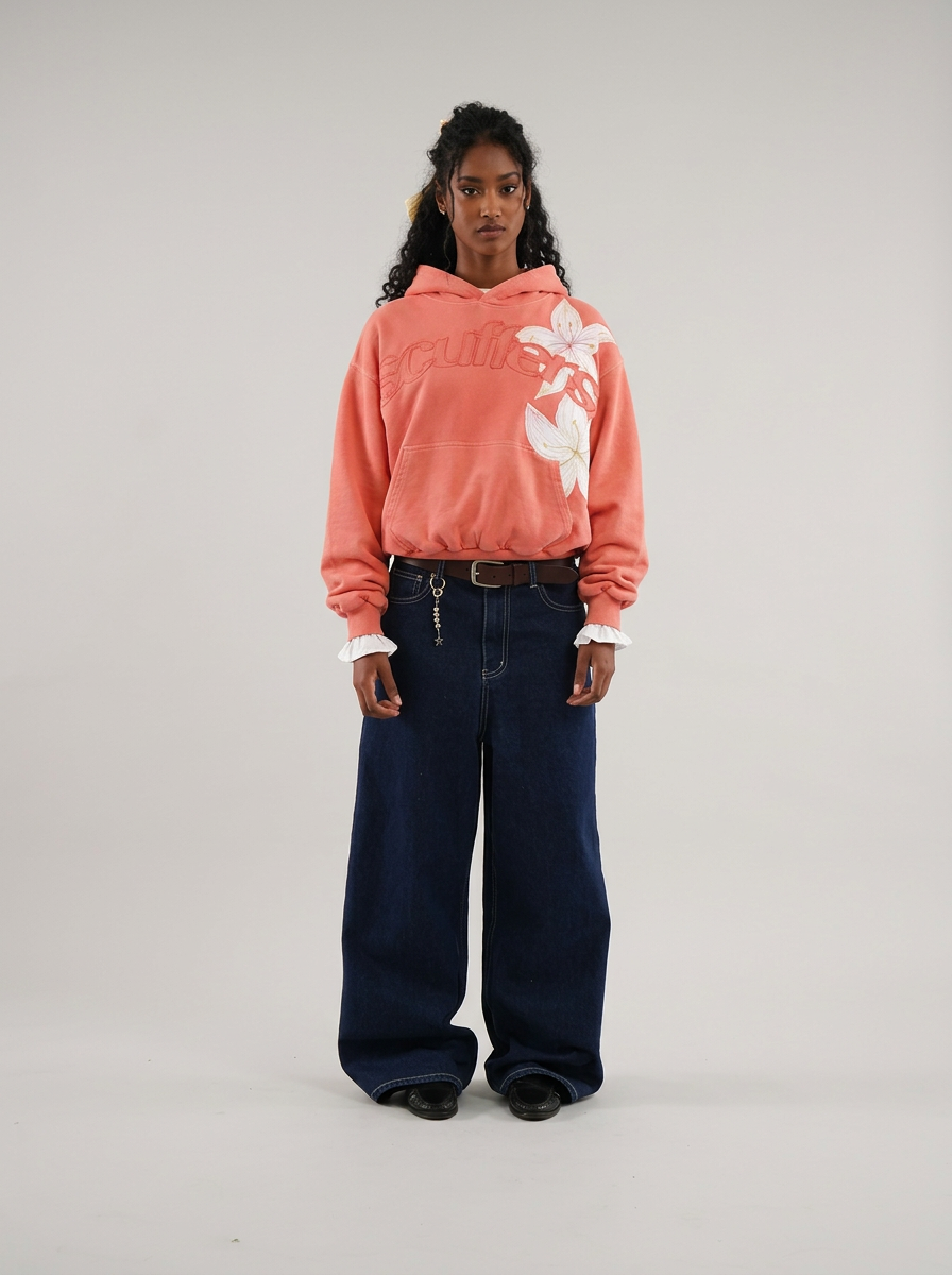 Women's coral hoodie with floral front embroidery and hood