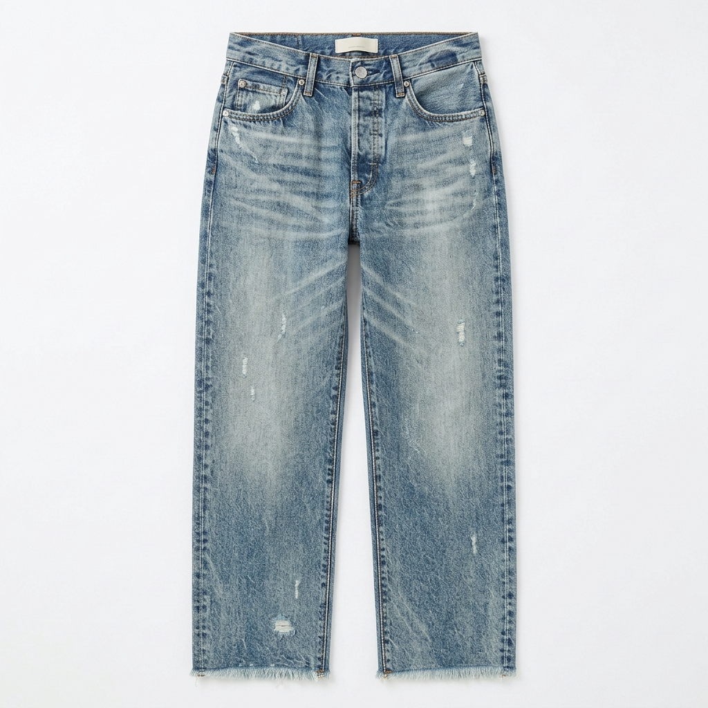 Women's cropped straight leg jeans with faded detailing and frayed hems