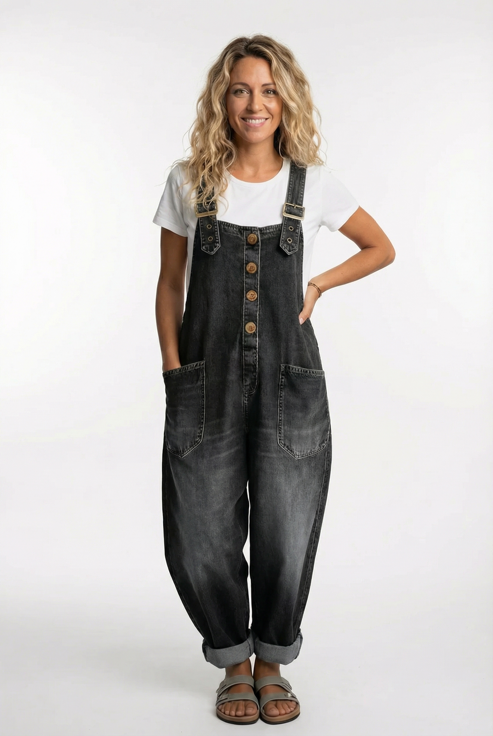 Women's Denim Dungaree Jumpsuit Wide Leg Adjustable Strap Relaxed Fit