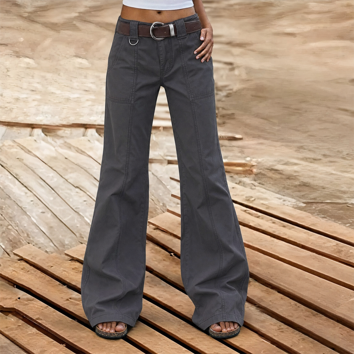 Women's wide-leg cargo trousers with utility pockets and belt loops
