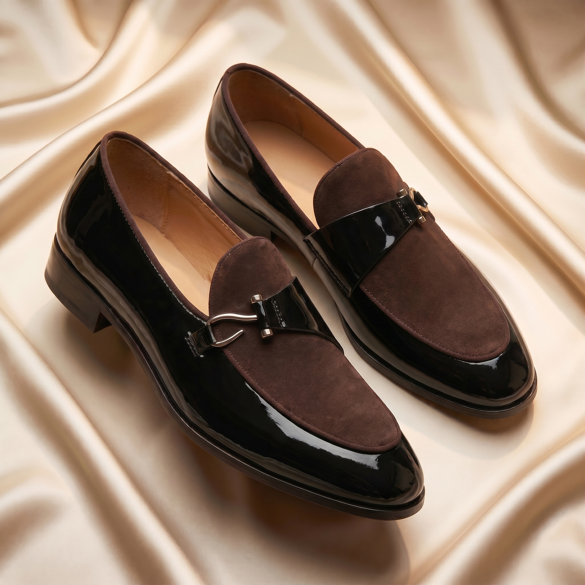 Men's slip-on loafers with almond toe, glossy finish and buckle trim