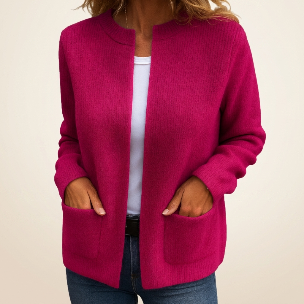 Women's ribbed knit cardigan with crew neck, long sleeves and front patch pockets