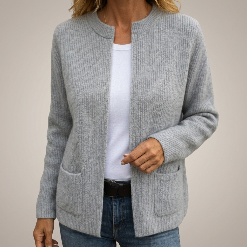 Women's ribbed knit cardigan with crew neck, long sleeves and front patch pockets