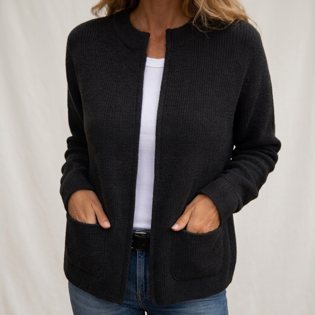 Women's ribbed knit cardigan with crew neck, long sleeves and front patch pockets