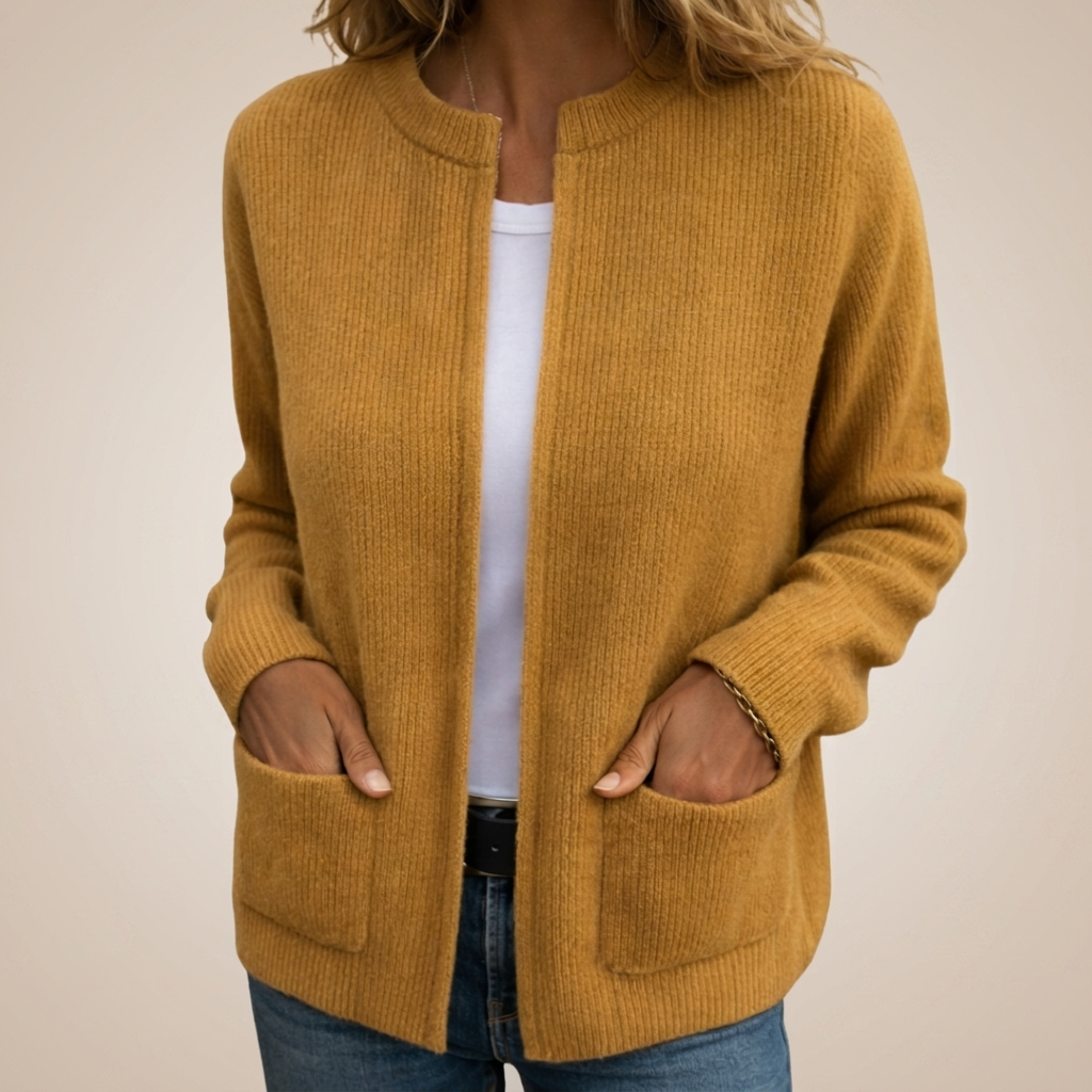 Women's ribbed knit cardigan with crew neck, long sleeves and front patch pockets