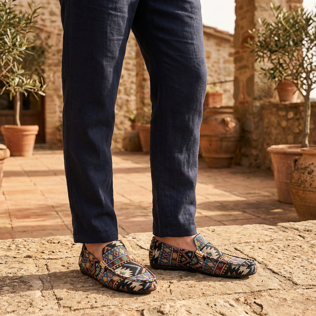 Unisex geometric patterned loafers with round toes and flat soles