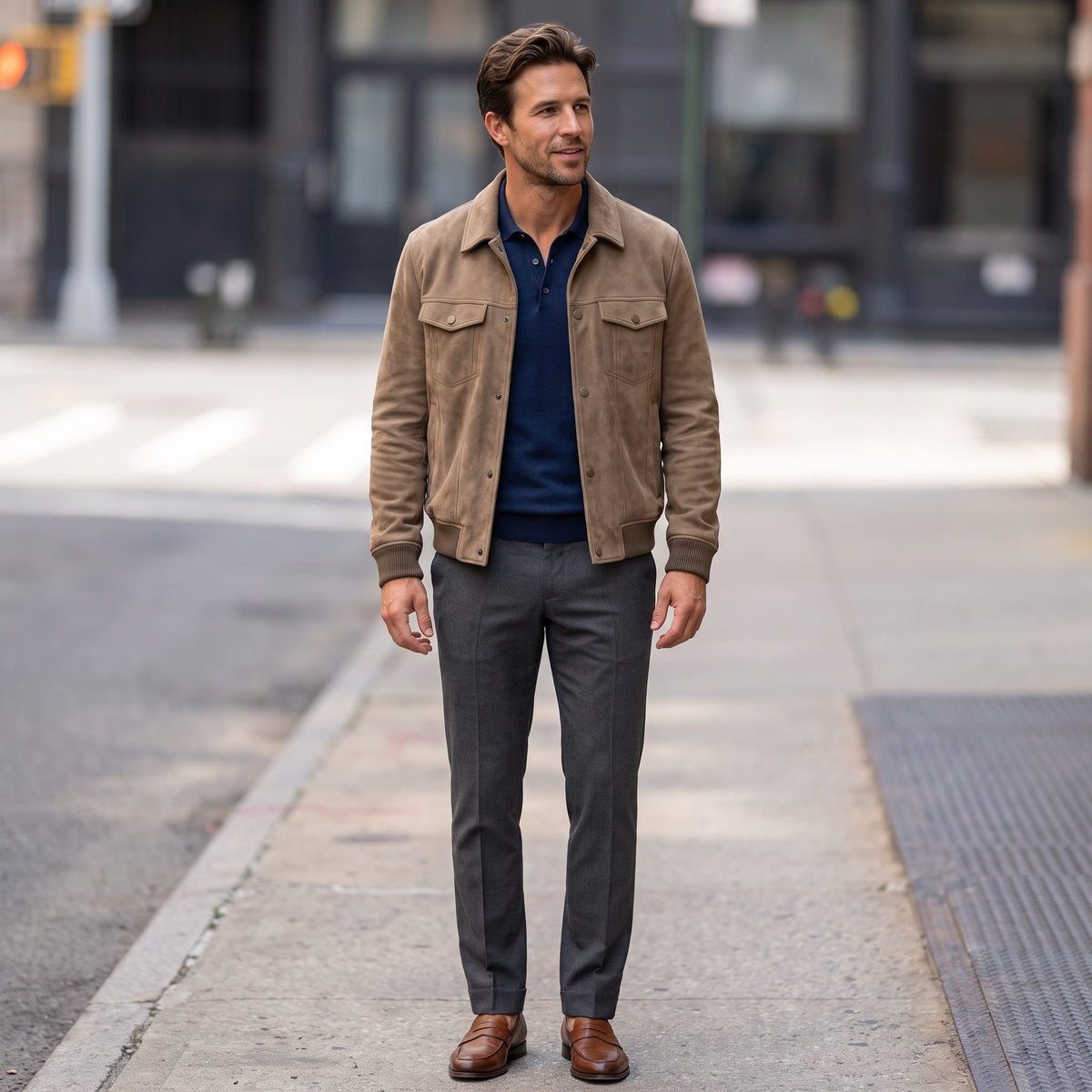 Men's plain trucker jacket with point collar, snap front, chest pockets and ribbed hems