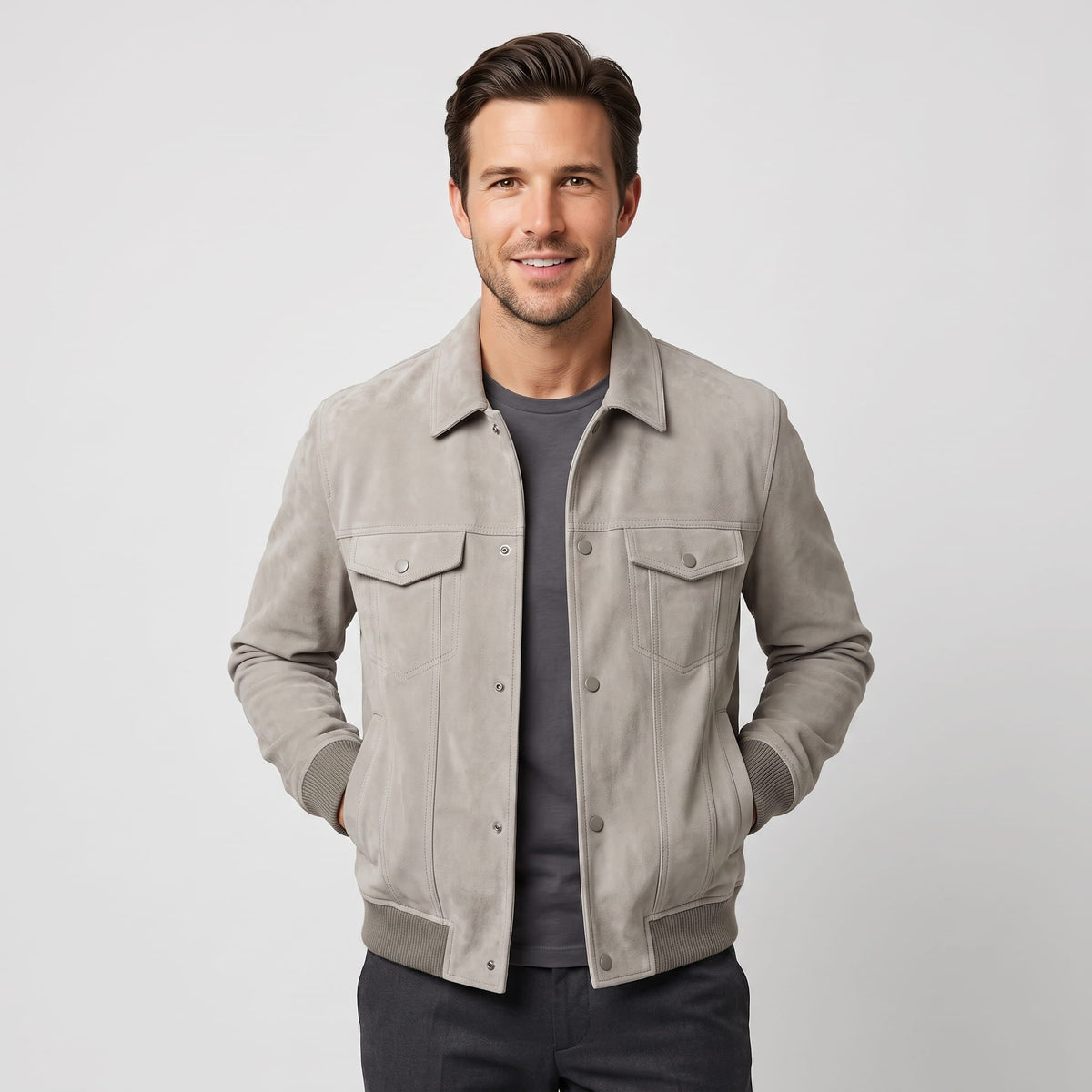 Men's plain trucker jacket with point collar, snap front, chest pockets and ribbed hems