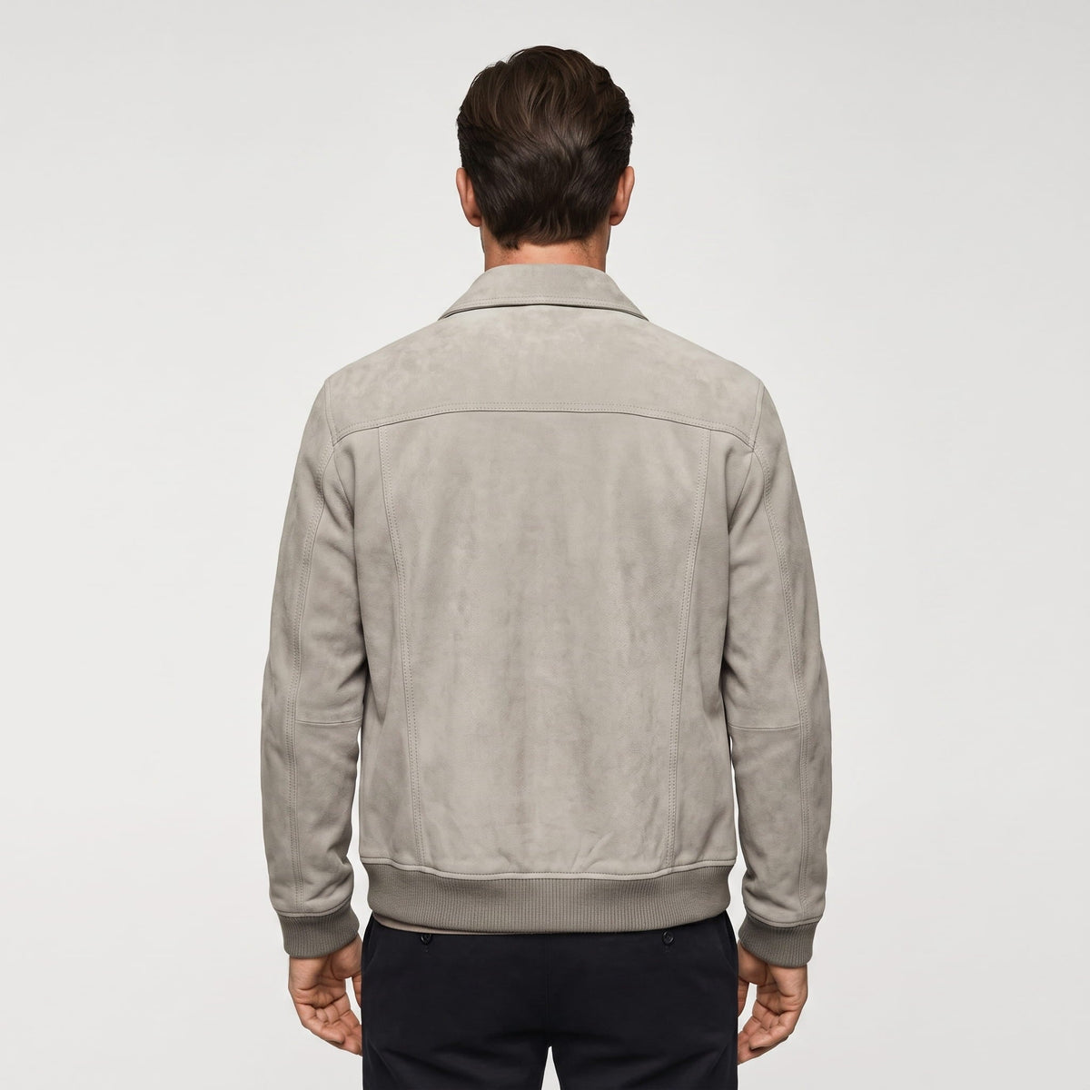 Men's plain trucker jacket with point collar, snap front, chest pockets and ribbed hems
